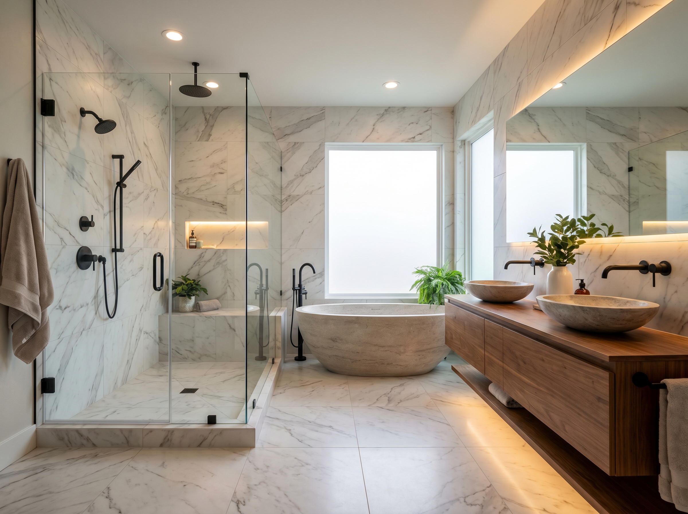 Luxury spa-style bathroom remodel with marble tile and frameless shower