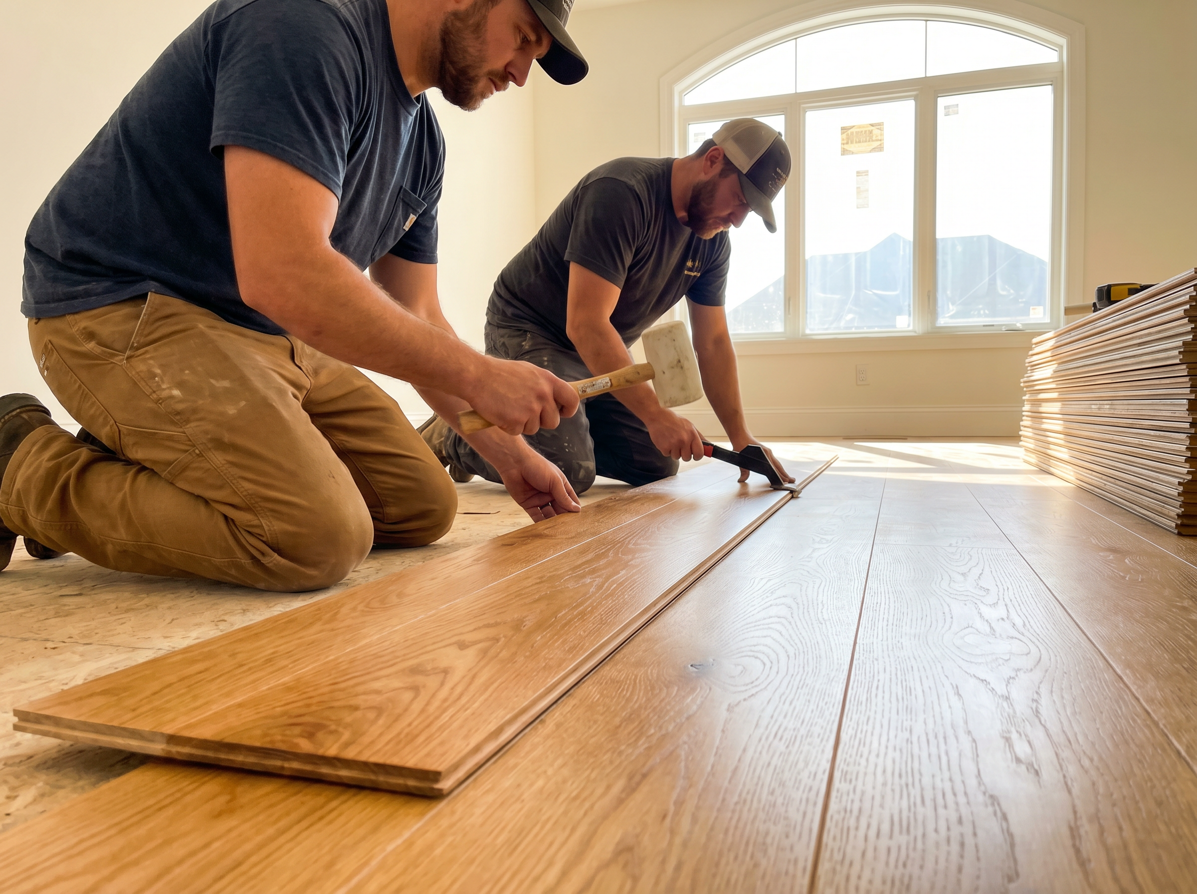 Professional hardwood flooring installation in luxury home