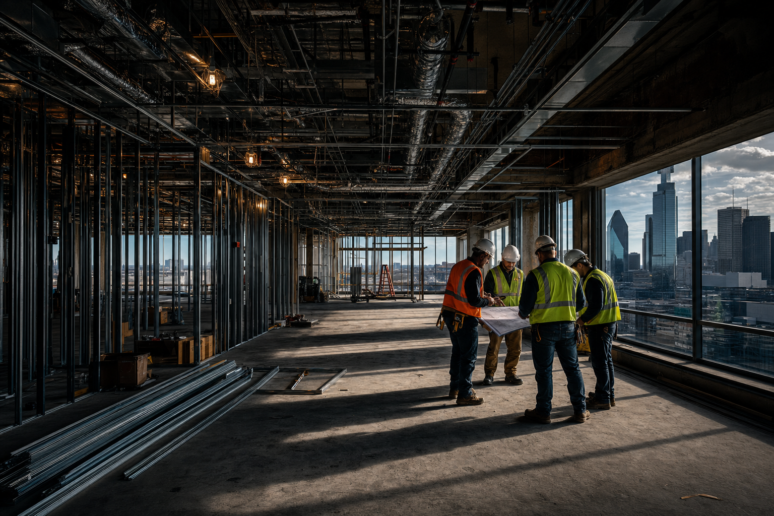 Ground-up commercial building under construction — structural steel and exterior progress