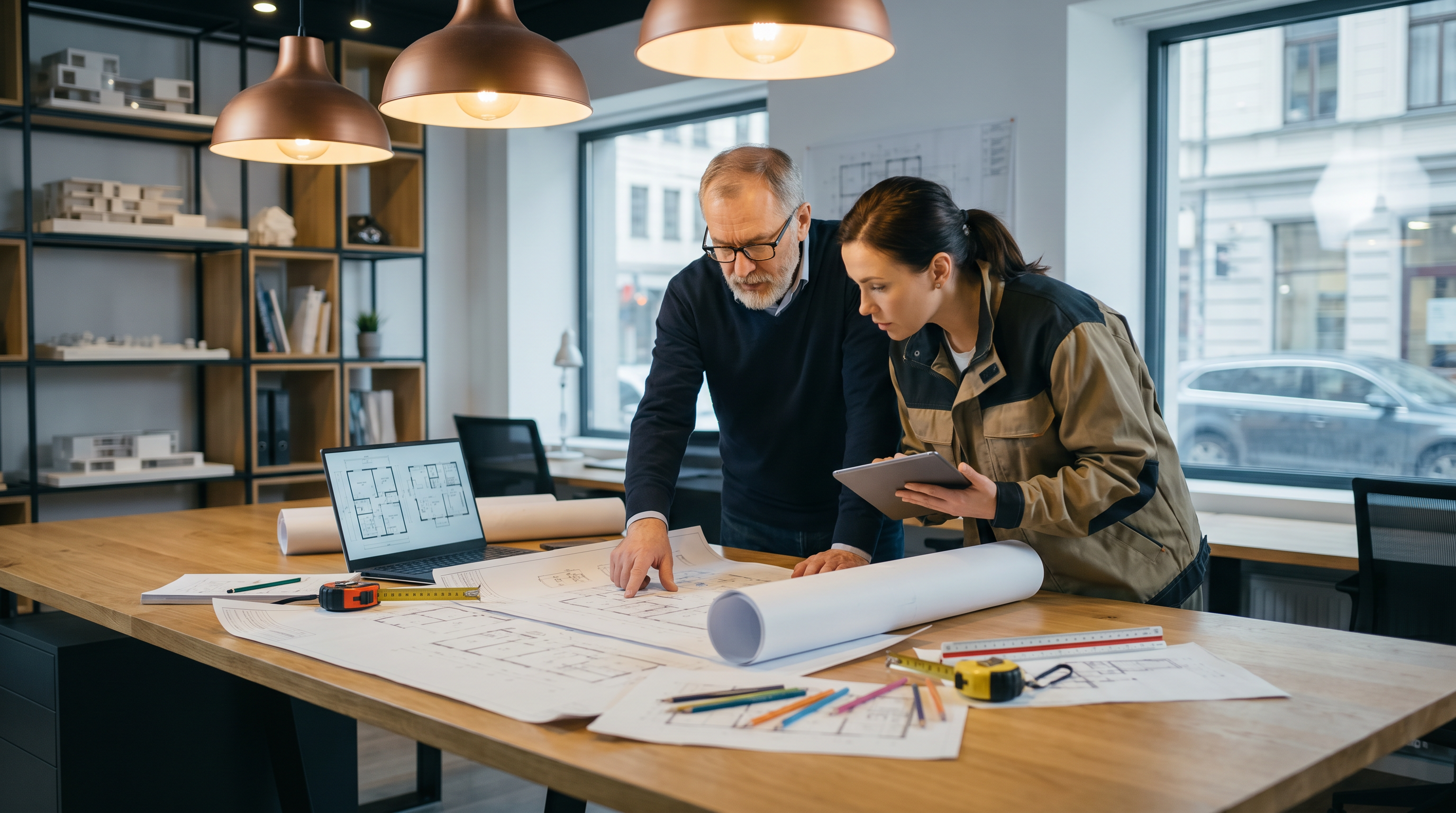 Construction plans being reviewed during project planning phase
