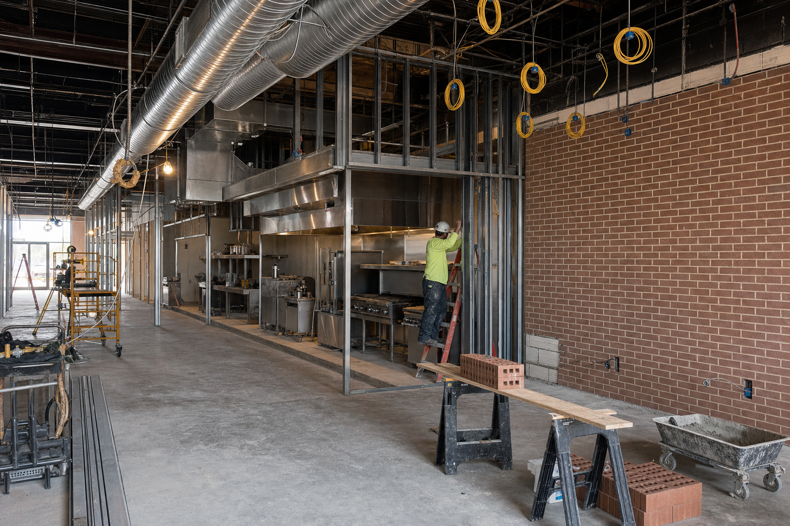 Restaurant build-out in progress — commercial kitchen framing and utility rough-in
